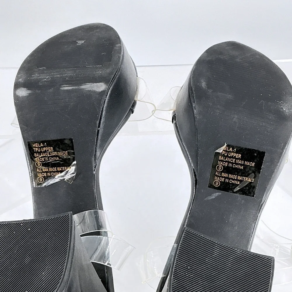 CHASE AND CHLOE Size 8.5 Black Clear Strap Platform Chunky‎ Heel Hela Sandals